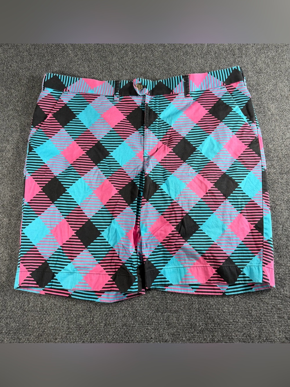 LOUDMOUTH Mens Golf Shorts Size 42 Argyle Plaid Pink Blue Colorful Loud Light